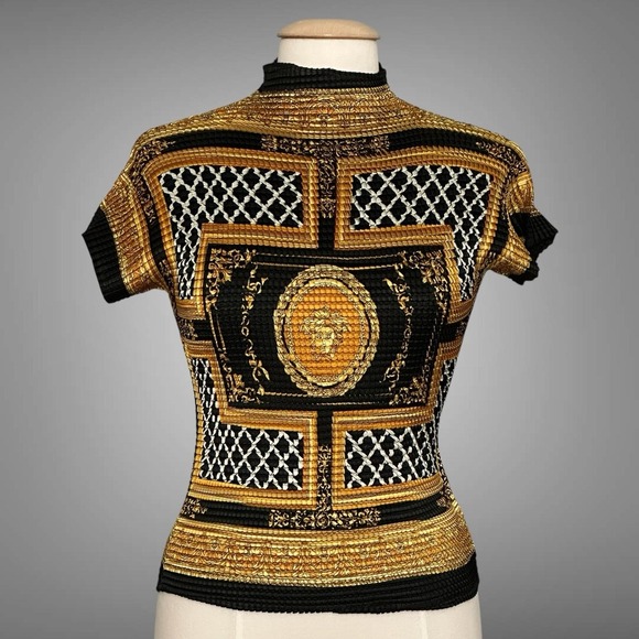 90s Y2K Womens Top M Black Gold Print High Neck Stretch Crinkle Fitted Classic - Picture 1 of 14